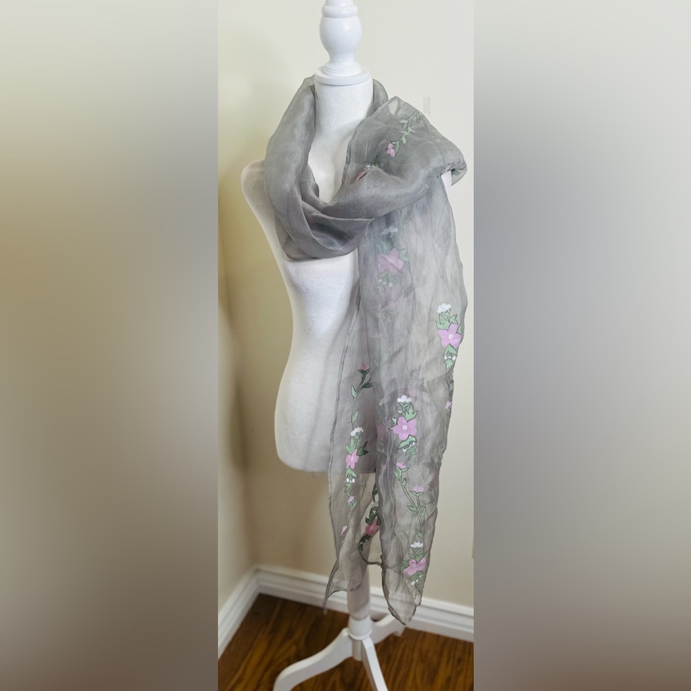 Grey Scarf with Flower designs painted